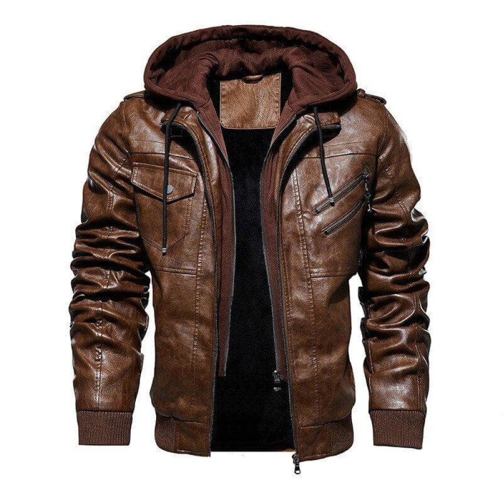 Jaqueta Masculina de Couro Legítimo Com Capuz Removível Maverick
