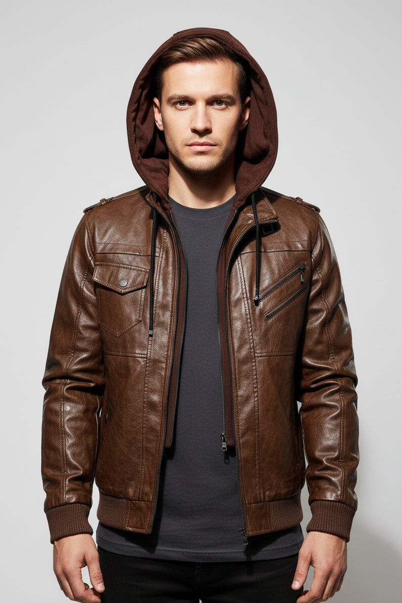Jaqueta Masculina de Couro Legítimo Com Capuz Removível Maverick