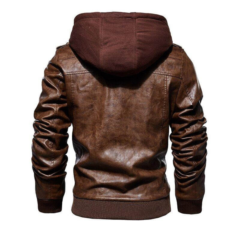 Jaqueta Masculina de Couro Legítimo Com Capuz Removível Maverick