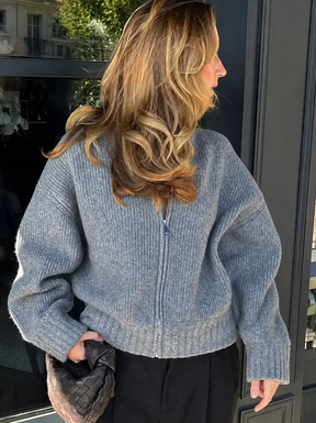Casaco Feminino Vintage de Malha com Zíper e Gola Redonda