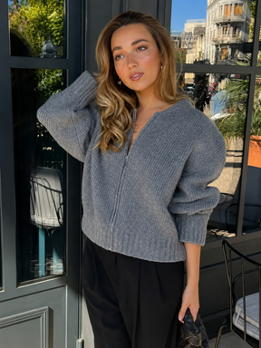 Casaco Feminino Vintage de Malha com Zíper e Gola Redonda