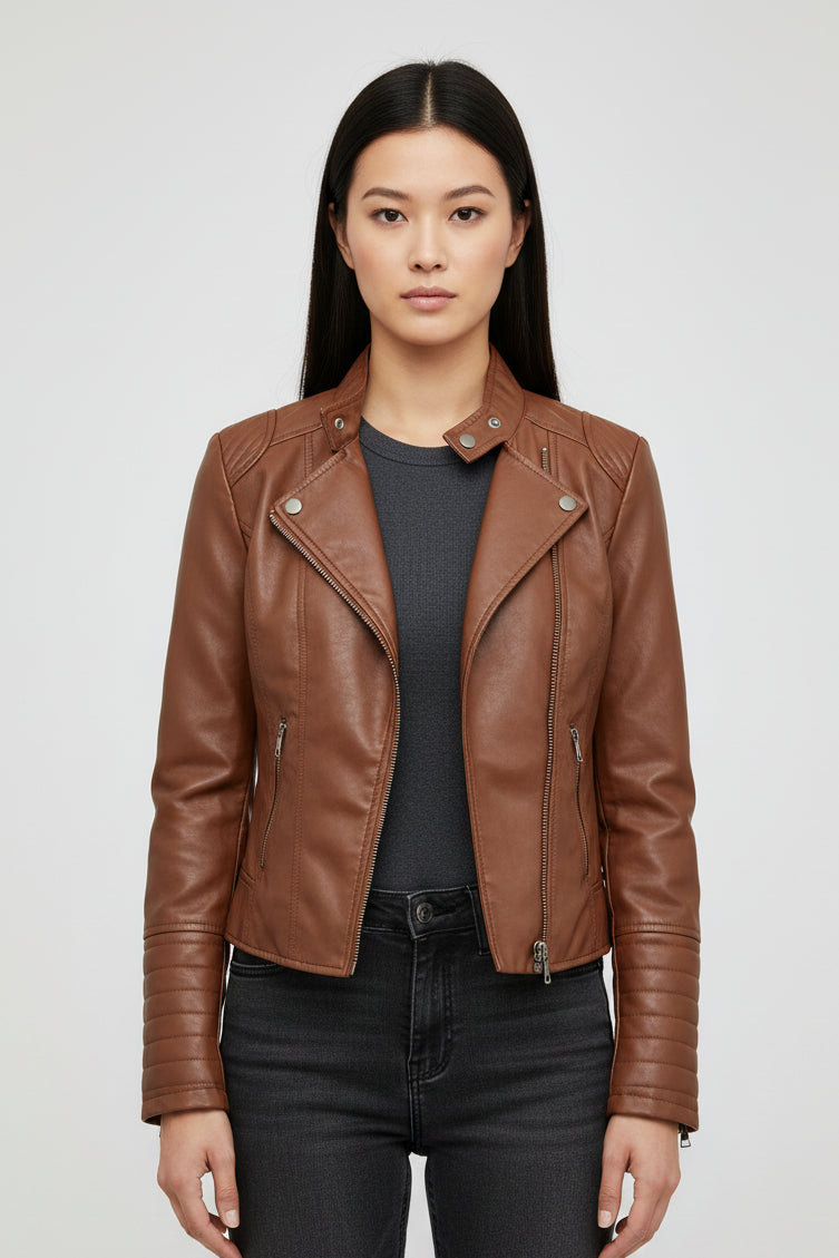 Jaqueta Feminina Slim Black Luxe com Gola Alta Estilo Motociclista