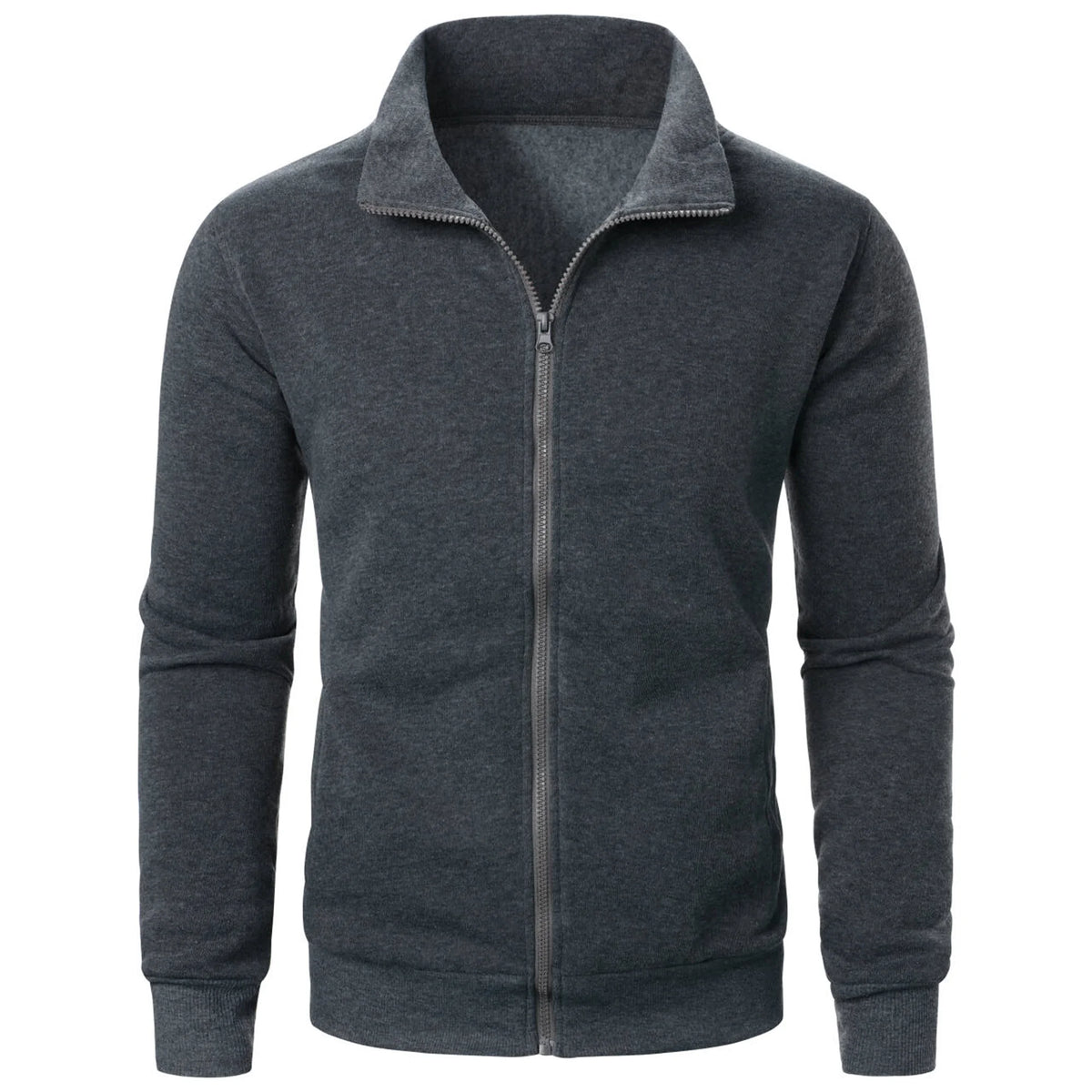 Jaqueta Masculina Esportiva Casual com Zíper e Gola Alta em Cor Sólida