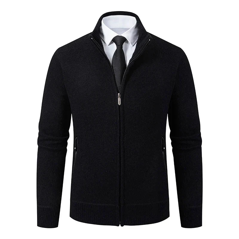 Jaqueta Masculina Cardigan com Gola Dobrável Forro Fleece Estilo Vintage