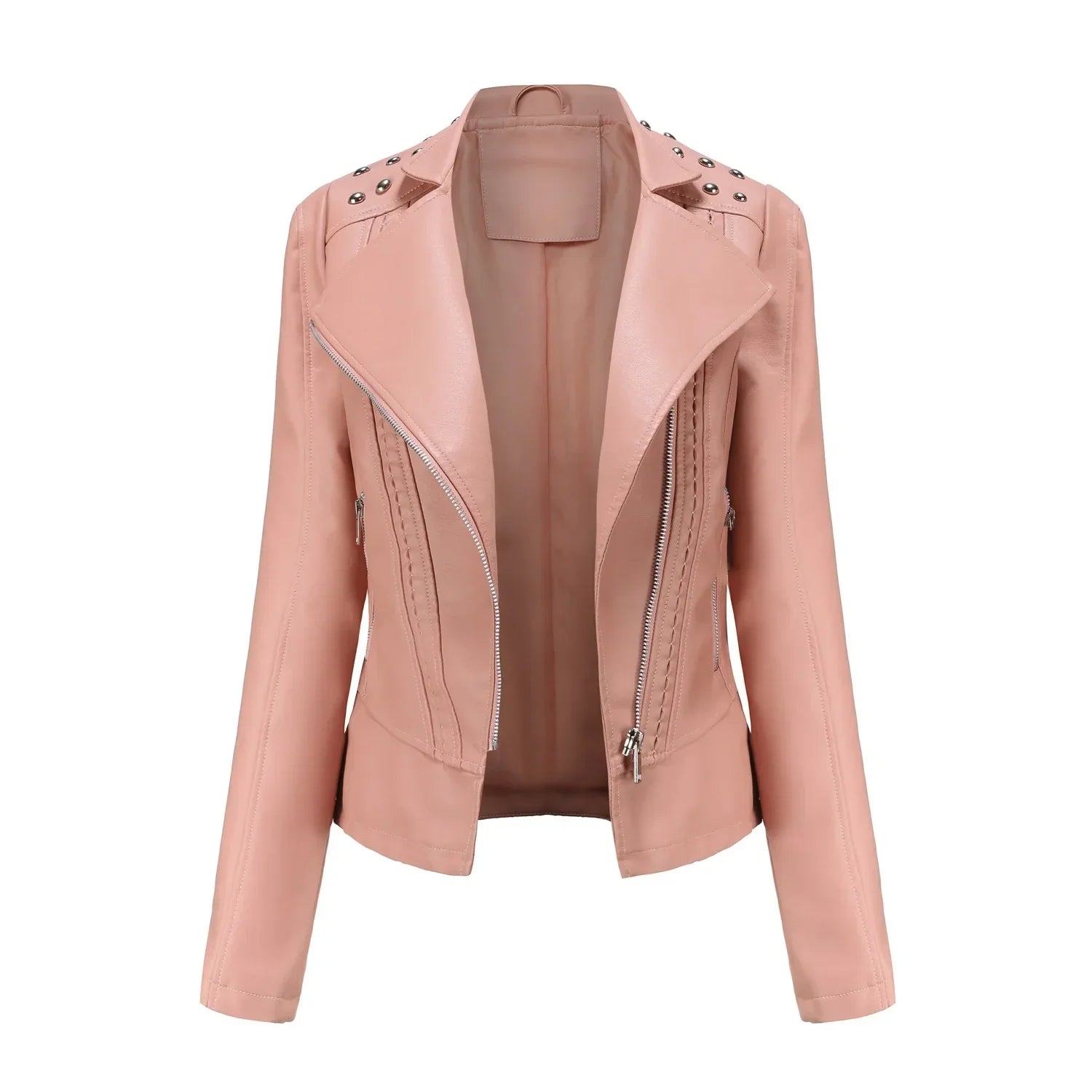 Jaqueta Feminina Slim Estilo Biker com Gola Dobrável e Detalhes Retrô