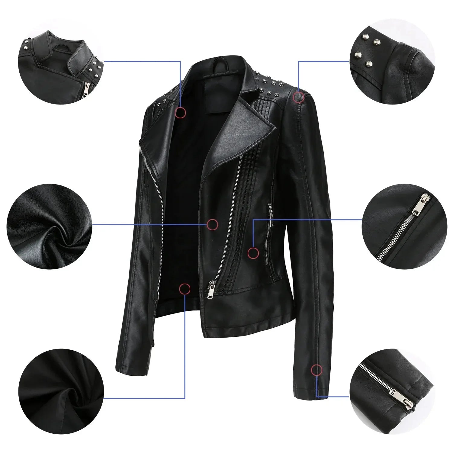 Jaqueta Feminina Slim Estilo Biker com Gola Dobrável e Detalhes Retrô