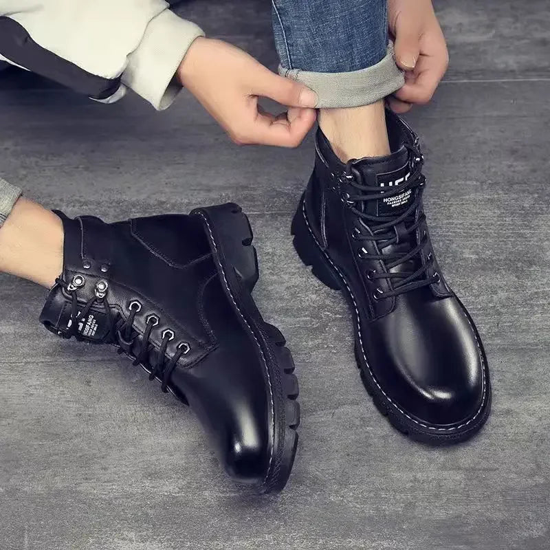 Bota Masculina de Cano Alto Estilo Motoqueiro Impermeável com Design Casual