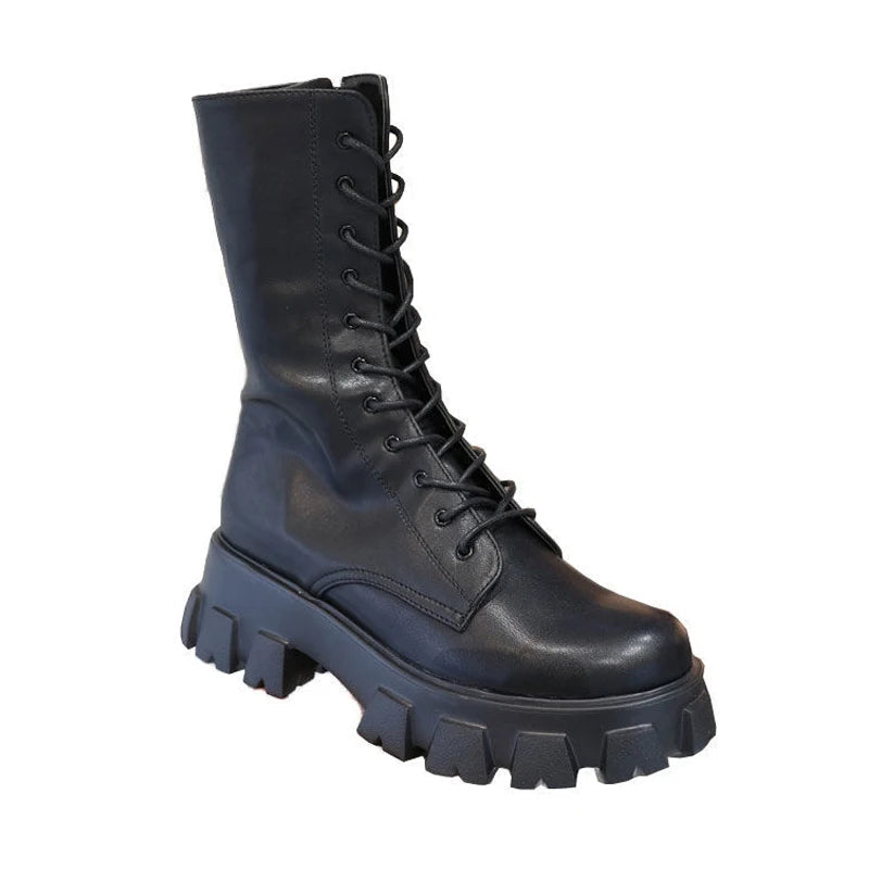 Bota Feminina Cano Médio Cadarço e Zíper com Plataforma Confortável