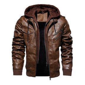 Jaqueta Masculina de Couro Legítimo Com Capuz Removível Maverick